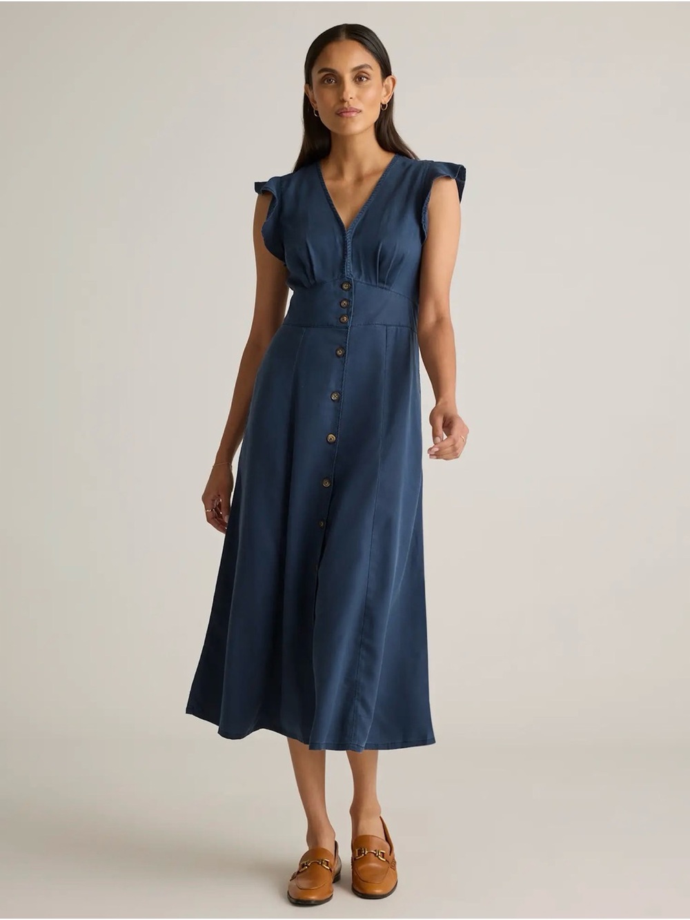 NWOT Quince Vintage Wash Tencel Button-Front V-Neck Midi Dress - Size Small